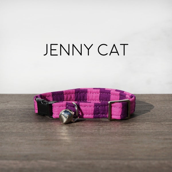 Jenny Cat Collar - Pink and Purple Stripe Breakaway Buckle Collar with Bell, Hot Pink, Burgundy, Maroon, Stripes, Striped