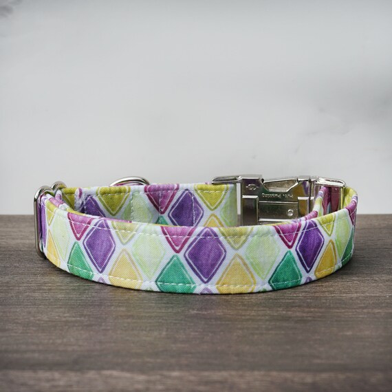 Nola Dog Collar Green Purple and Gold Geometric Mardi Gras Pet