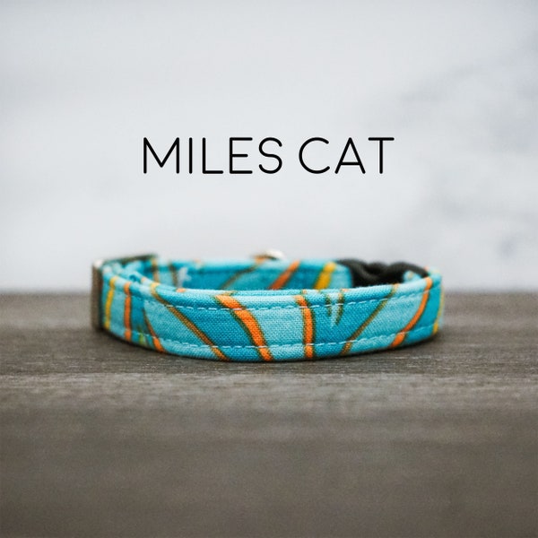 Miles Cat Collar - Blue, Turquoise, and Orange Tiger Stripe Breakaway Collar with Bell, Made in the USA
