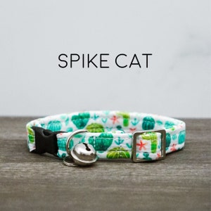 Spike Cat Collar - Teal Turquoise Green Orange and White Cactus Breakaway Collar with Bell, Made in the USA