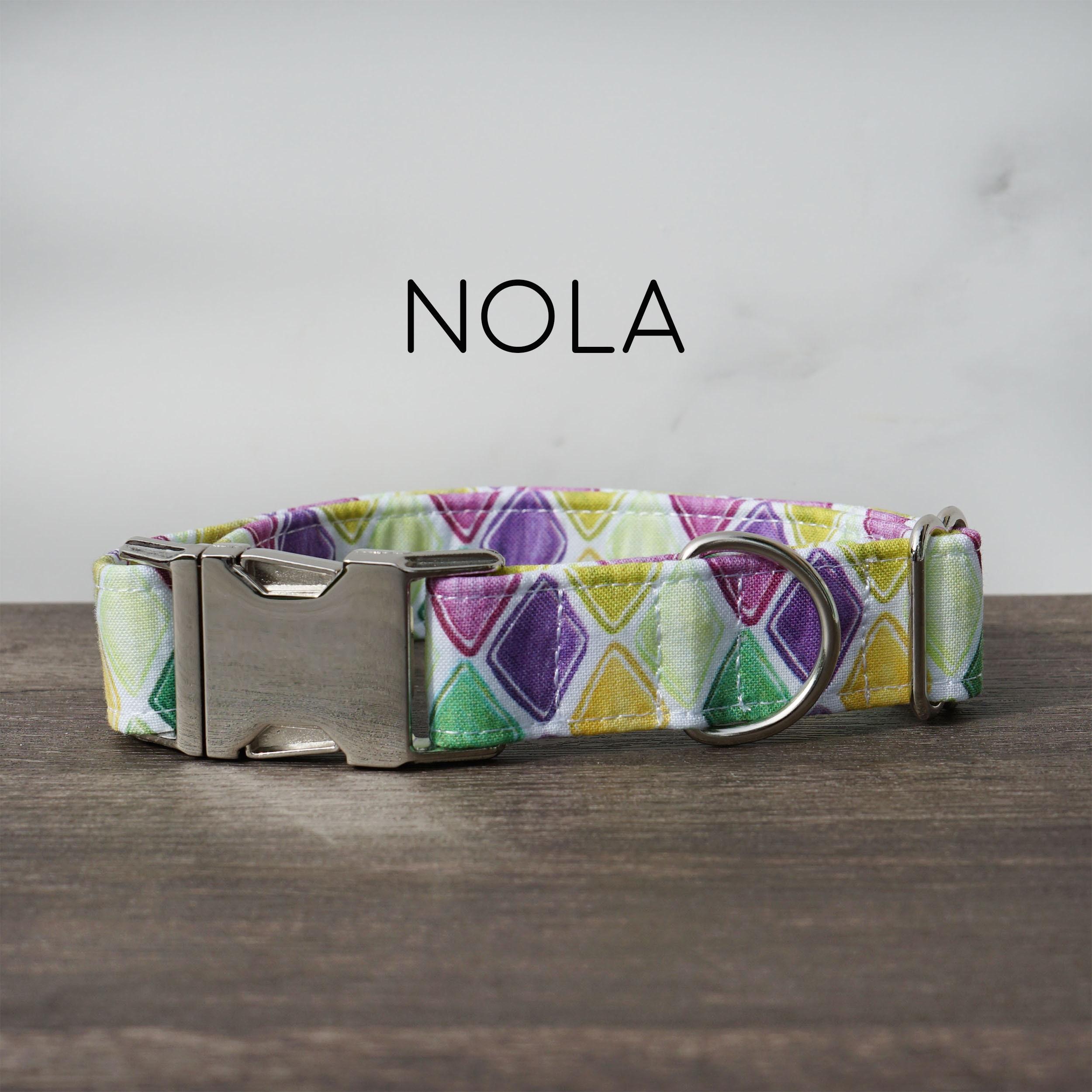 Nola Dog Collar Green Purple and Gold Geometric Mardi Gras Pet