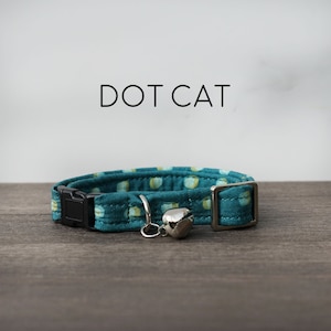 Dot Cat Collar - Turquoise and Green Spot Pet Collar with Breakaway Buckle and Bell, Blue and Lime Green, Made in the USA