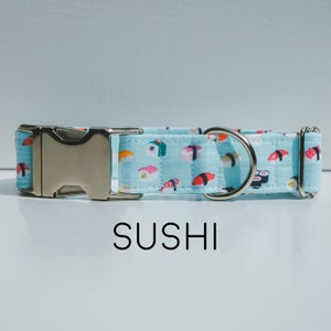 Sushi Dog Collar - Blue Sushi and Sashimi Pet Collar, Tiny Sushi Print, Kawaii Sushi, Pink, Green, Yellow, Navy, Made in America