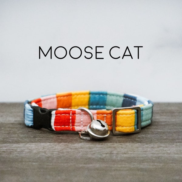 Moose Cat Collar - Blue, Red, Green, Orange, Striped Cat Collar, Boho Stripes, Breakaway Cat Collar with Bell, Made in the USA