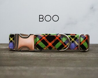 Boo Dog Collar - Halloween Plaid Pet Collar, Orange, Green, Purple and Black Plaid, Bright, Halloween, Made in the USA