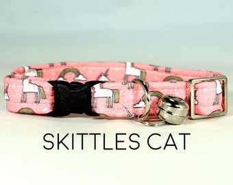 Skittles Cat Collar - Pink Unicorn Pet Collar, Rainbow, Rainbows, Unicorns, Magical, Breakaway Cat Collar with Bell, Made in the USA