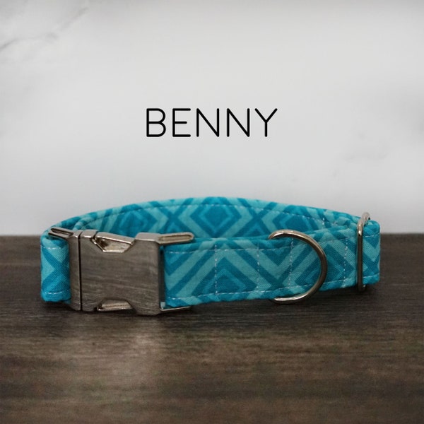 Benny Dog Collar - Blue Tonal Geometric Pet Collar, Bright Blue, Light Blue, Diamonds, Squares, Made in the USA