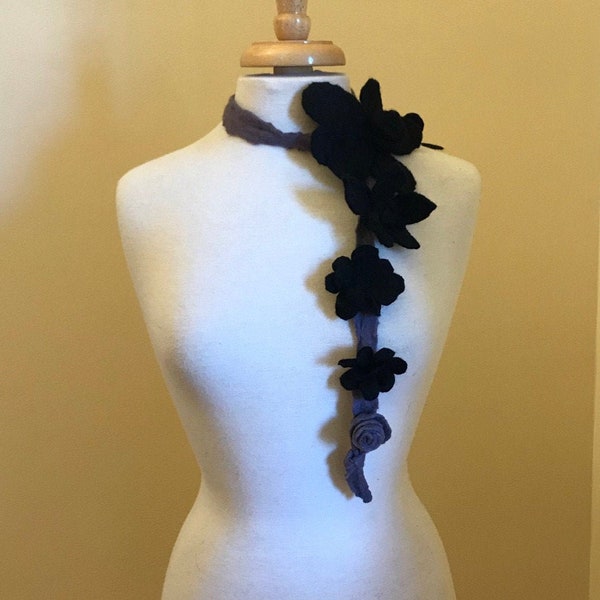 Wet Felted Black Flower Necklace with Wet Felted Light Violet Ribbon  - 44" Long - OOAK Wearable Art - Skin Friendly Merino Wool & Silk