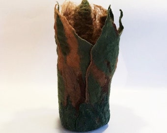 Nature Inspired Felted Vase or Vessel - Forest Greens and Browns - 12" tall - Wine Bottle Cozy - Asymmetrical, Organic