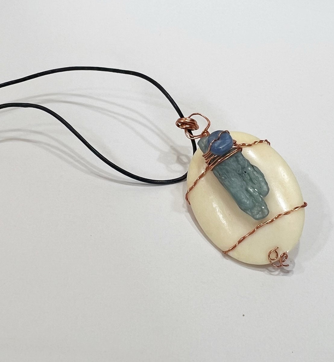 Handmade Cream Colored Bone, Copper and Kyanite Necklace