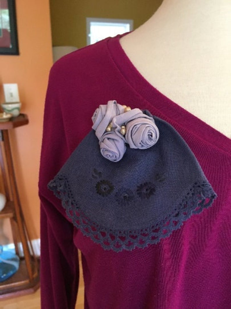 Fabric Corsage Brooch Choice or Jabot - Up-cycled Dark Embro Navy Blue Large special price