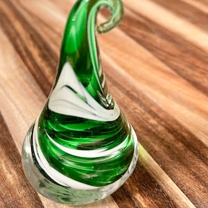 Glass Teardrop Paperweight Green & White