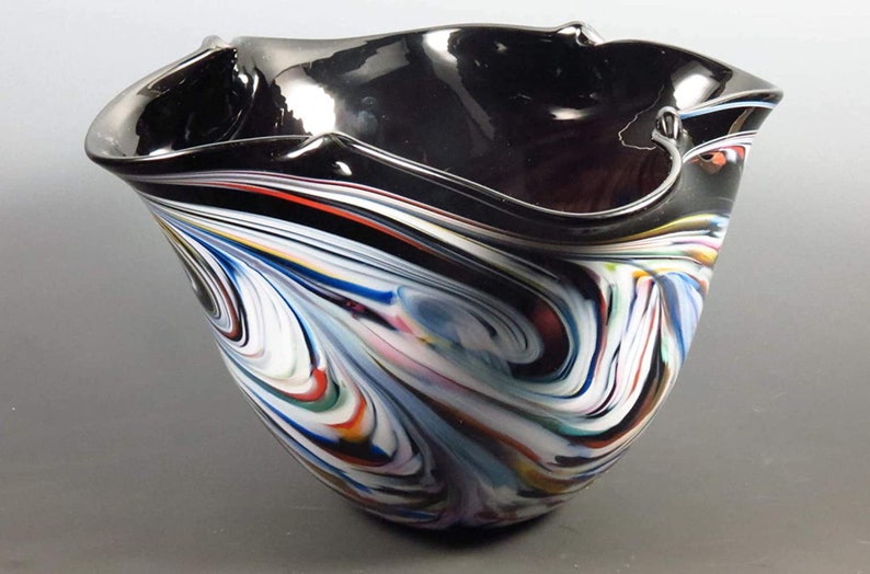 Black Mix Hand Blown Glass Color Pinched Bowl by Rosetree Glass