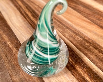 Glass Teardrop Paperweight Silver Green & White
