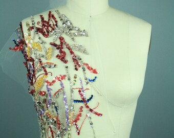 Hand Embroidered  Sequin Embroidery on Tulle. Multi-color beaded panel luxury fabric using french sequins