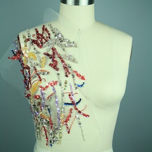 Hand Embroidered  Sequin Embroidery on Tulle. Multi-color beaded panel luxury fabric using french sequins