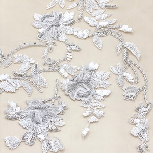 Haute Couture Fabric,Beaded Floral appliqués on tulle,Modern Bridal Fabric, Rhinestones and Crystals on tulle.