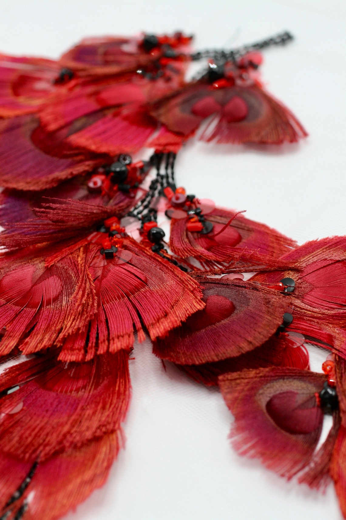 Feather & Bead Fabric red Feather Bead Embroidery Lace Fabric Etsy