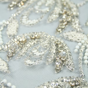 rhinestone applique bodice lace applique panel, wedding dress couture lace, haute couture dress bridal lace fabric, hand embroidery designs