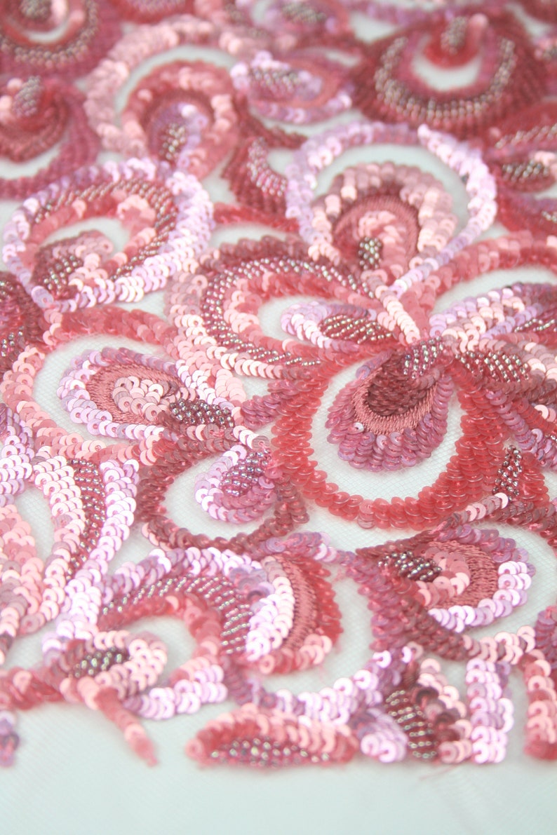 Pink Matt and shiny hand beaded sequin applique fabric on tulle. Floral Beaded Tulle