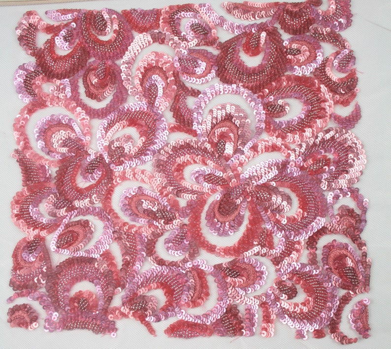 Pink Matt and shiny hand beaded sequin applique fabric on tulle. Floral Beaded Tulle