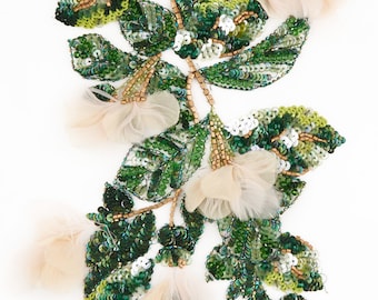 3D Silk and Feather Flowers Beaded Vines on Tulle .