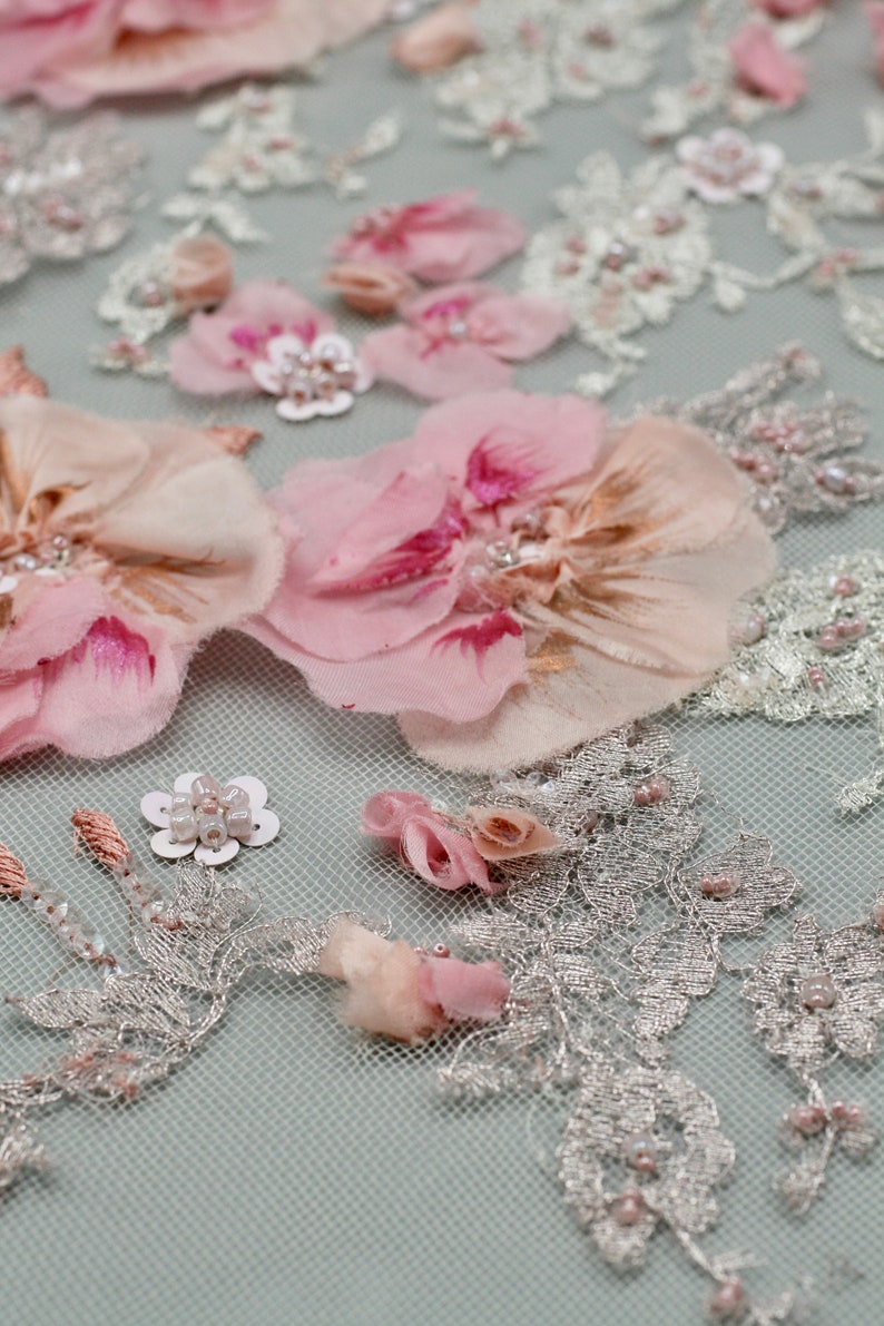 Haute Couture Fabric Silk Flowers Fabric, Beaded Applique Panel, Pink