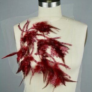 Feather & Bead Fabric -Red Feather Bead Embroidery Lace Fabric Panel, Luxury 3D Fabric, Haute Couture Fabric, Embroidered Dressmaking Fabric