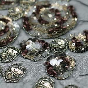 Custom Handmade Beaded Applique panel Beading Panel used as Beaded Trim, Embroidered Tulle, Beaded Applique, Haute Couture Fabric
