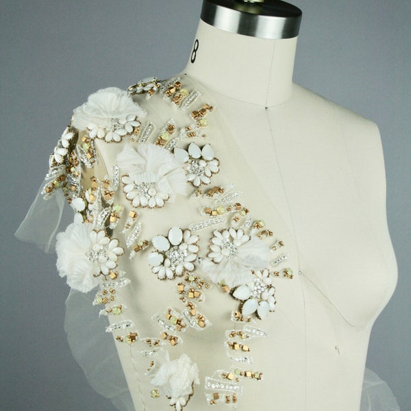 Floral Beaded Panel - Bolero Lace - Capelet Lace - Beaded Wedding Applique - Beaded Jacket Panel - Bridal Applique - Beaded Trim