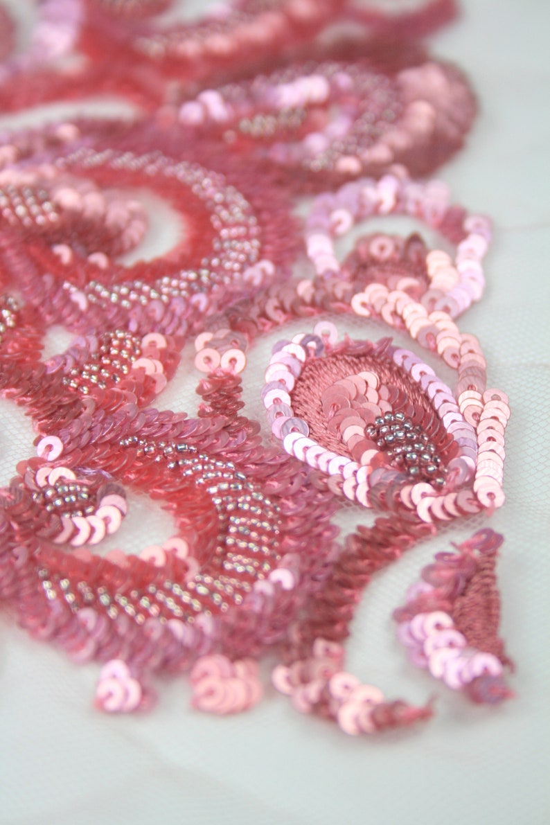 Pink Matt and shiny hand beaded sequin applique fabric on tulle. Floral Beaded Tulle