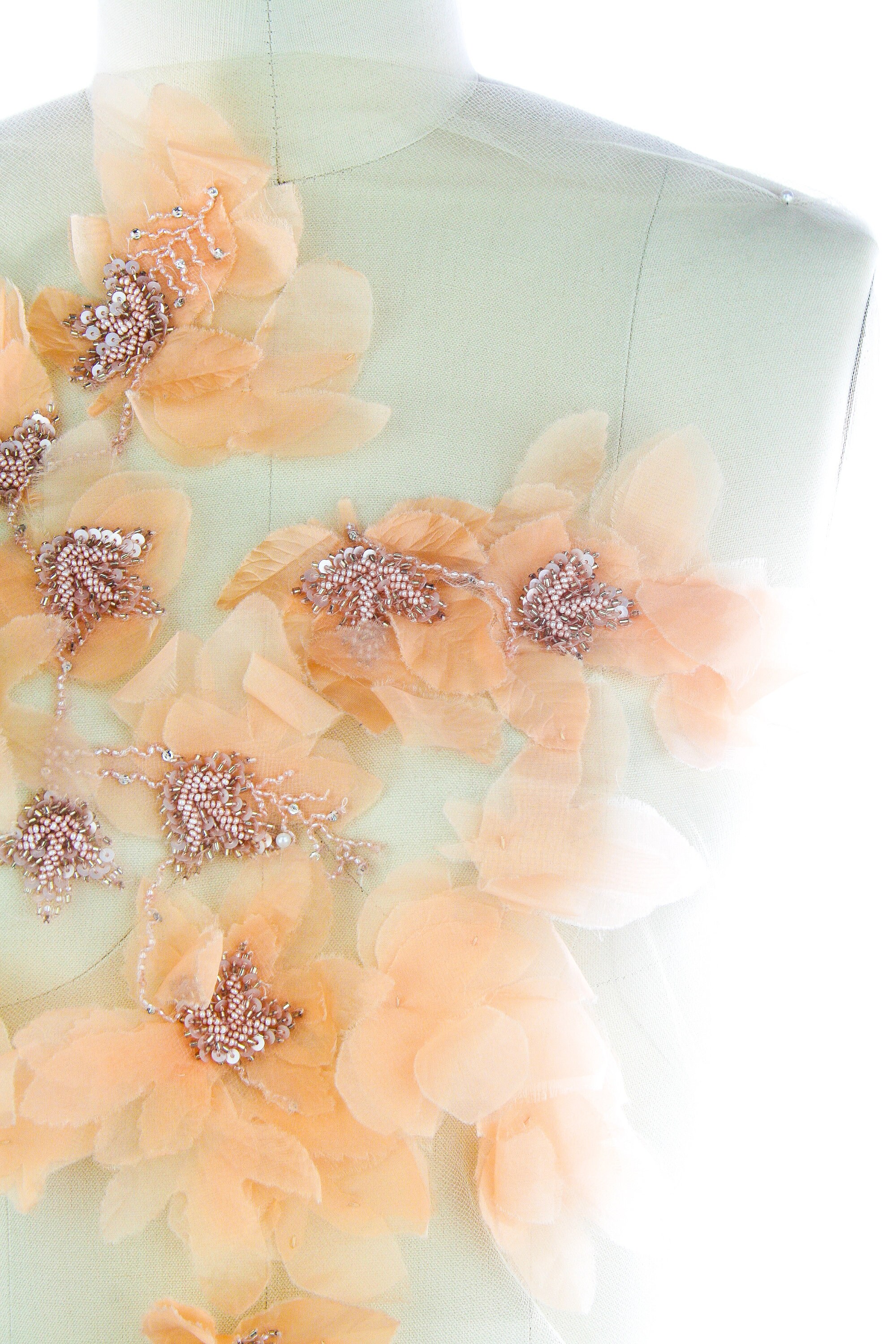 Peach 3D Flowers handmade applique beaded panel on tulle Etsy
