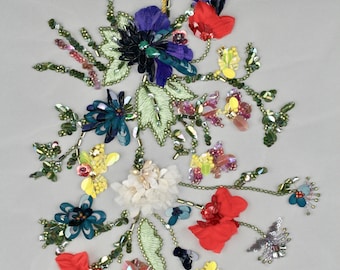 Colorful Embroidery,Wedding Dress fabric, Beaded Trim applique, Hand Embroidered Tulle, Beaded Applique, wedding lace fabric