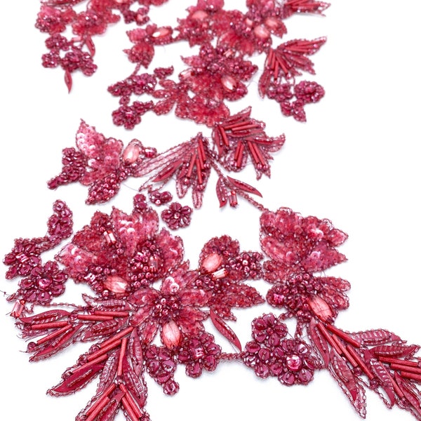 Sequin Lace Fabric Beaded Tulle - Pink Haute Couture Luxury fashion Fabric, Beaded Trim applique panel, Wedding Applique, Lace Applique