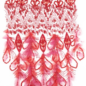 May include: Red beaded and fringed trim with a geometric pattern. The trim features a scalloped edge and a cascading fringe of red and pink beads.