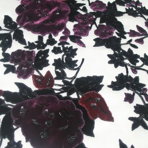 Haute Couture Beaded Dress Fabric,Burgandy Velvet Floral applique on tulle.