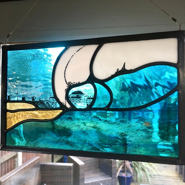 Stained glass/Window hanging/ Seascape/The Wave/Brighton pier