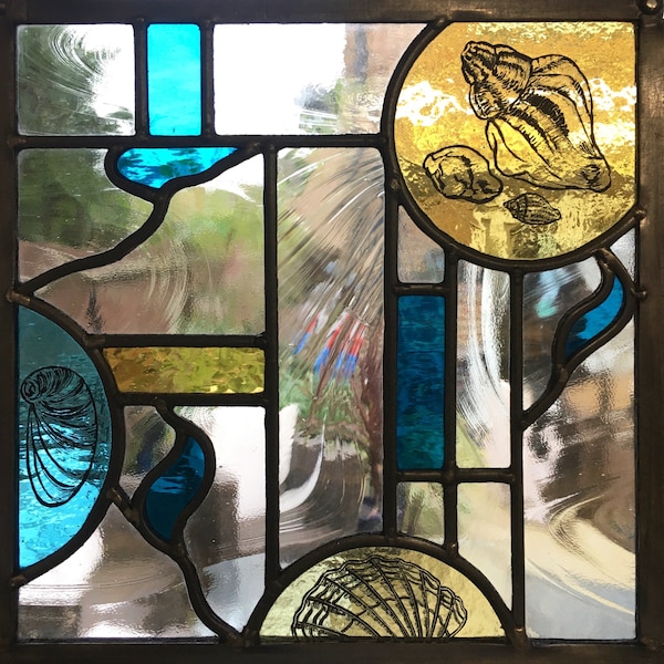 Stained glass/ Stained glass panel/ Window hanging/ Sea shells/ Abstract panel / Sea panel