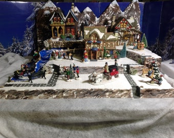 Christmas village display display platform Large size w matching background for dept 56 collections , Lemax and SNS