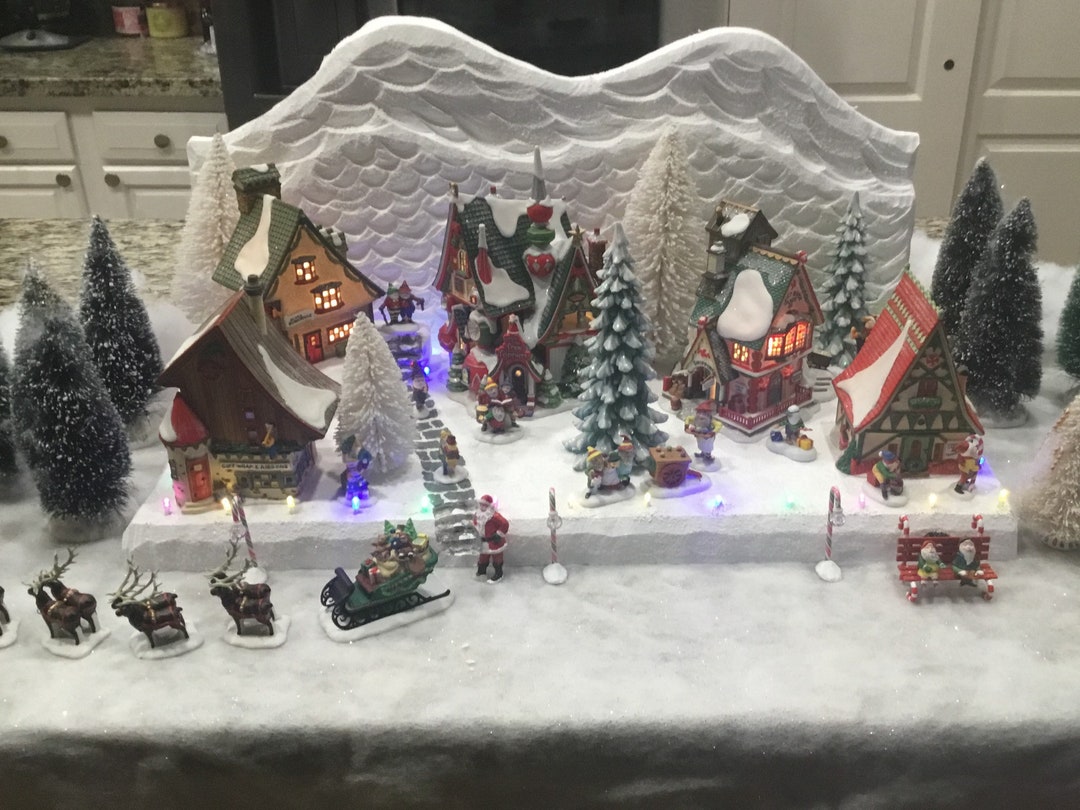 Christmas Village Display Platform With Build in LED Lights and Matching Background for Lemax