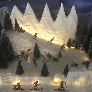Christmas village display platform w/ski slope, sled hill and mountain ,illuminated for Lemax dept 56 Dickens North Pole Christmas villagers