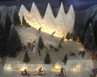 Christmas village display platform w/ski slope, sled hill and mountain ,illuminated for Lemax dept 56 Dickens North Pole Christmas villagers
