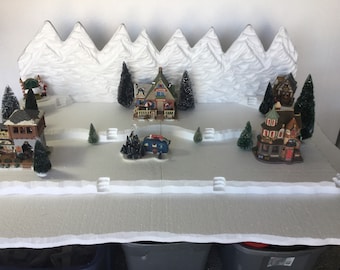 Christmas village display platform with matching mountain background fits  well Lemax, Dept 56 , SNS , dickens villages