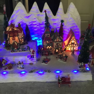 Christmas village display platform 24x14 inches with build in blue Led lights fits well Lemax Dept 56 North Pole and other collections