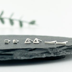 Trio of Tiny Studs in Sustainable Sterling Silver, Small Geometric Earrings, Minimalist Jewellery, Sterling Silver Set of 3 Studs