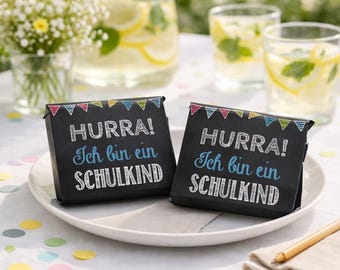 Personalized chocolate wrappers for back to school – school party favor for kids, DIY chalkboard design, pink and blue, start of school