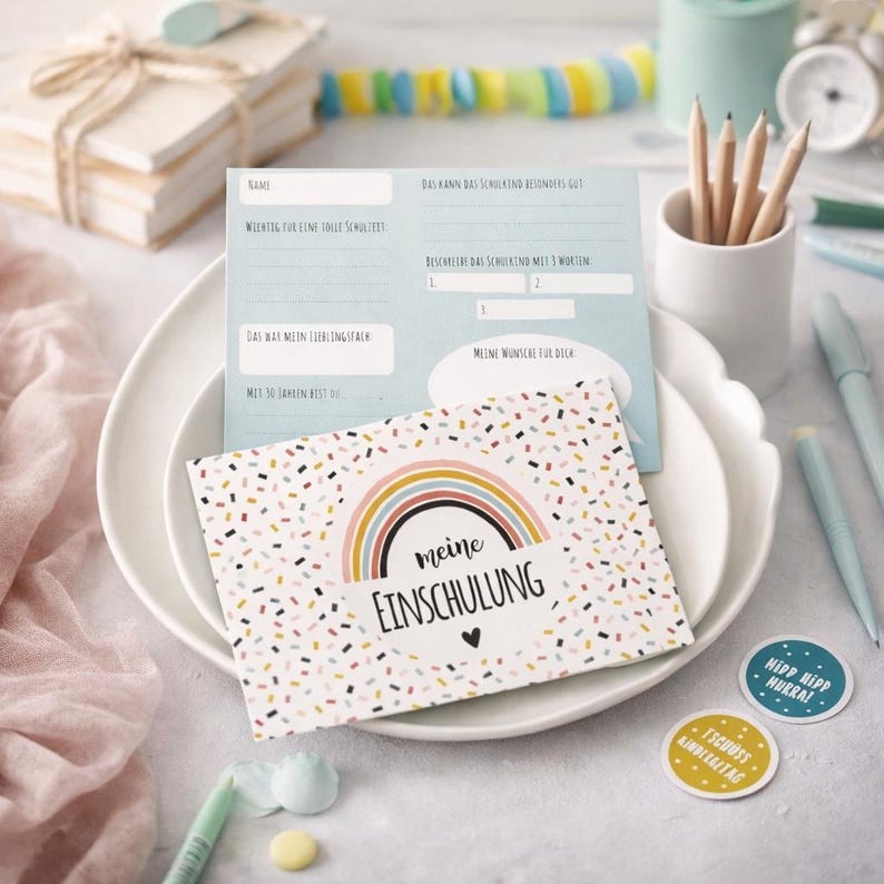 May include: A rectangular card with a white background featuring a colorful confetti pattern and a central rainbow graphic above the text 'meine EINSCHULUNG'. Behind it, a light blue questionnaire card with German text and blank lines for writing.