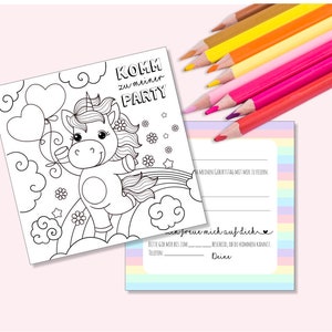 Verjaardagsuitnodigingskaarten voor kinderen om UNICORN in te kleuren
