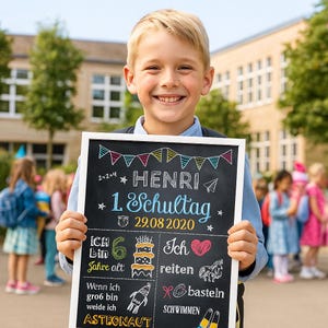 Peut inclure: Un jeune gar&ccedil;on souriant tient une ardoise avec l'inscription "HENRI 1. Schultag 29.08 2020". Le tableau comprend des dessins de g&acirc;teau, de fus&eacute;e et d'autres ic&ocirc;nes. Le gar&ccedil;on est devant un b&acirc;timent scolaire.