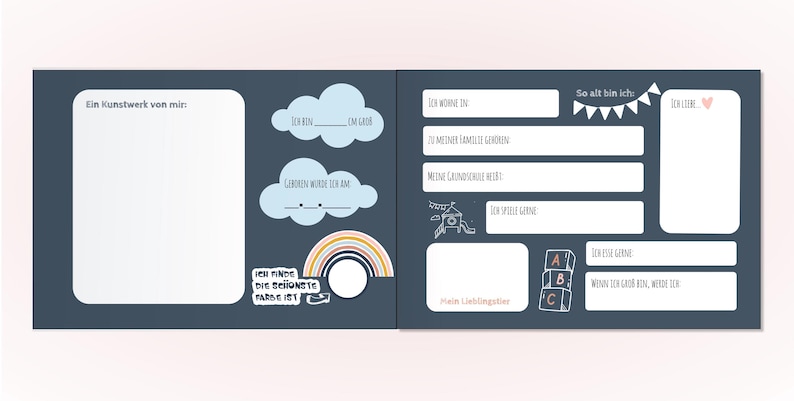 May include: A dark blue memory book spread with white text and illustrations. The left page features a large blank frame, cloud shapes, and a rainbow. The right page includes fields for personal details, a rocket, and alphabet blocks.